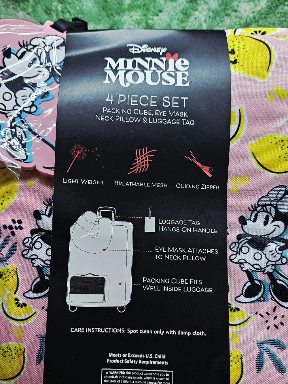 Disney Minnie Mouse 4-Piece Travel Set - Pink W/ Neck Pillow Eye Mask Luggage